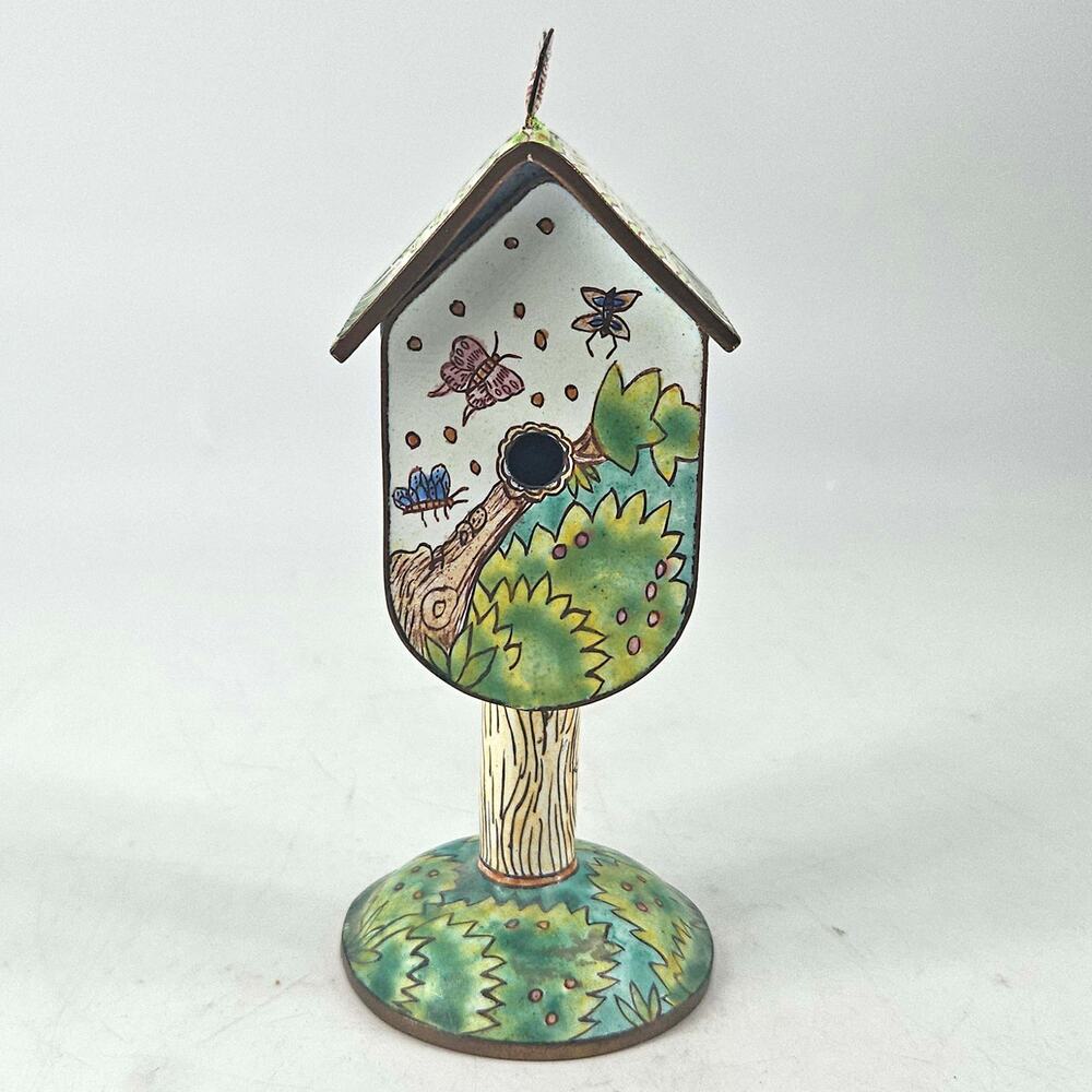 Vintage Empress Arts enamel Trinket Box Hinged Mailbox Birdhouse Stamp Dispenser